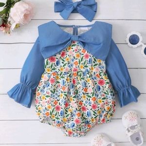 Baby floral bow front Flounce Sleeve bodysuit with headband